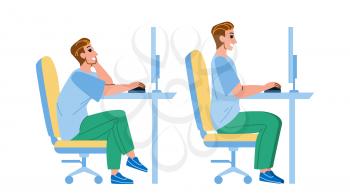 In Ergonomic Posture Sit Man At Computer Vector. Worker Guy Sitting In Ergonomic Posture At Screen Workplace. Character In Correct Pose Working At Workspace Flat Cartoon Illustration