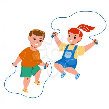 Children Jumping Rope Skipping Together Vector. Little Boy And Girl Kids Jump Rope Skipping On Kindergarten Playground. Characters Training Sport Fitness Activity Flat Cartoon Illustration