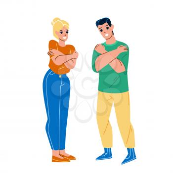 Man And Woman Self Hugging With Expression Vector. Young Boy And Girl Self Hugging With Happy Facial Positive Emotion. Characters Guy And Lady People Embracing Flat Cartoon Illustration