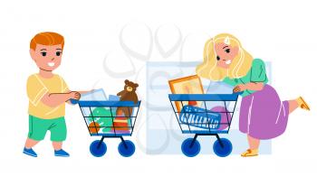Toy Shop Children Clients Making Purchase Vector. Boy And Girl Kids Buying Doll And Game In Toy Shop. Characters Customers With Market Cart Shopping In Store Flat Cartoon Illustration