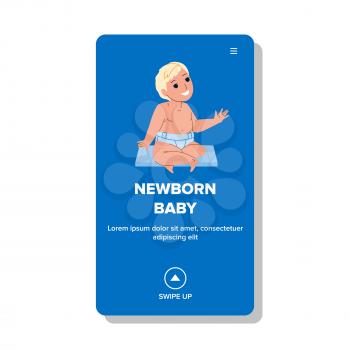 Newborn Baby Smiling And Sitting On Carpet Vector. Happy Little Toddler Newborn Baby Resting In Child Room After Feeding. Character Playing Active Time Web Flat Cartoon Illustration