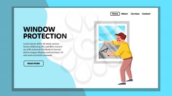 Window Protection Accessory Installing Man Vector. Window Protection Foil Install Young Guy For Protect From Beams Of Sun Light And Ultraviolet Radiation. Character Web Flat Cartoon Illustration