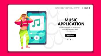 Music Application Using Woman On Phone Vector. Young Girl Listening Songs On Music Application. Character Resting Melody In Earphones Gadget On Phone App Web Flat Cartoon Illustration
