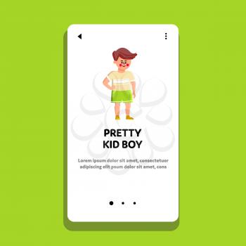Pretty Kid Boy In Stylish Fashion Clothes Vector. Pretty Kid Boy Wearing Fashionable Clothing T-shirt And Shorts, Smiling And Standing Alone In Store. Character Child Web Flat Cartoon Illustration