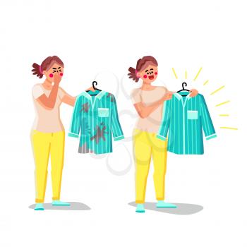 Woman Holding Smell And Washing Clothes Vector. Young Girl With Shirt Smelling Something Stinky And Disgusting And Hold Washed In Laundry Machine Clothes. Character Flat Cartoon Illustration