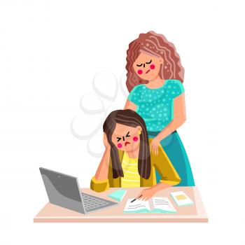 Anxiety Woman Couple Working At Laptop Vector. Sad Anxiety Woman Sitting At Office Table With Closed Eyes And Colleague Making Soothing Massage. Characters Flat Cartoon Illustration