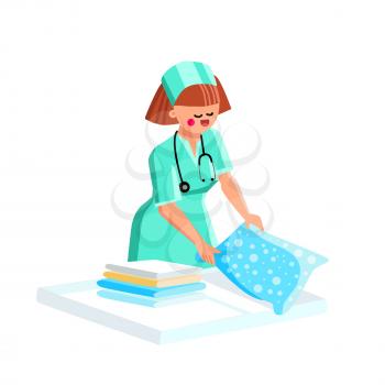 Hospital Nurse Woman Making Bed In Chamber Vector. Hospital Nurse Young Girl Prepare Pillow For Patient In Clinic. Character Lady Medical Worker Occupation Flat Cartoon Illustration