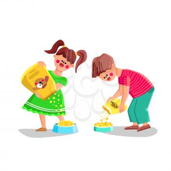 Pet Food Boy And Girl Pouring For Feeding Vector. Children Couple Pouring Pet Food From Bag Into Plate For Feed Dog And Cat Domestic Animal. Characters Kids Flat Cartoon Illustration