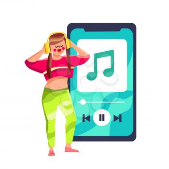 Music Playlist Listening Girl On Smartphone Vector. Young Woman Wearing Headphones Listen Music Playlist On Mobile Phone Display. Character Enjoyment Song In Earphones Device Flat Cartoon Illustration
