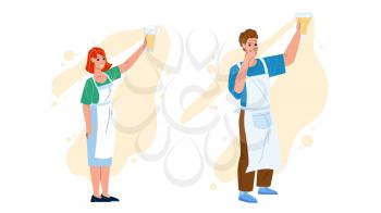 Beer Brewer Workers Look At Freshly Drink Vector. Young Man And Woman Beer Brewer Looking At Fresh Beverage Glass. Characters Factory Professional Occupation Flat Cartoon Illustration