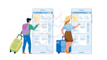 Flight Booking Online Phone Application Vector. Man And Woman Travelers Choosing And Buying Airplane Ticket On Smartphone, Flight Booking App. Characters Registration Flat Cartoon Illustration