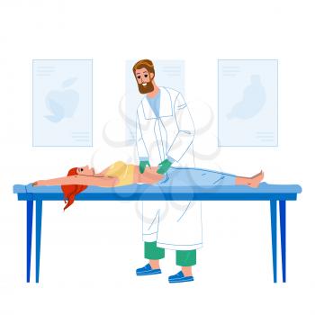 Gastroenterologist Examining Woman Patient Vector. Gastroenterologist Doctor Checking Girl Stomach On Hospital Cabinet Table. Characters Health Examination And Treatment Flat Cartoon Illustration