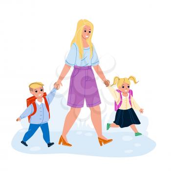 Boy And Girl Pupil Go To School With Mother Vector. Little Schoolboy And Schoolgirl Children With Backpack Go To School Elementary Together With Mom Woman. Characters Flat Cartoon Illustration