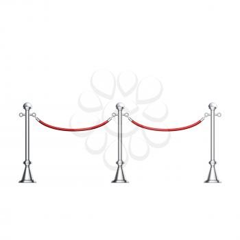 Barriers Chrome Column With Red Velvet Rope Vector. Theater, Exhibition Pavilion And Auto Show Luxury Stylish Barriers, Silver Stainless Fence With Cord. Mockup Realistic 3d Illustration