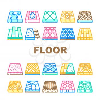 Floor Material Layers Renovation Icons Set Vector. Tile And Parquet, Stone And Wooden Floor Material, Linoleum And Carpet, Children Play Room And Sport Ground Flooring Line. Color Illustrations