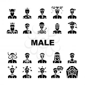 Male Business And Expression Icons Set Vector. Madness And Lovely Male, Choice Of Direction And Brain Explosion Man, Childhood, Old Aged Pensioner And Death Guy Glyph Pictograms Black Illustrations