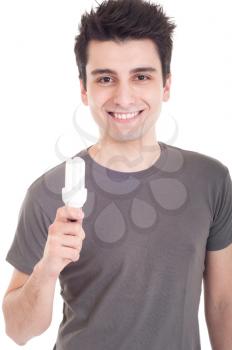 Royalty Free Photo of a Man Holding a Light Bulb 