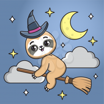 Vector illustration of a sloth on a broom