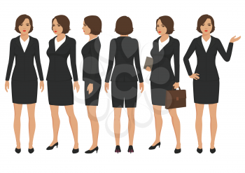 vector woman cartoon character, front, back and side view of secretary