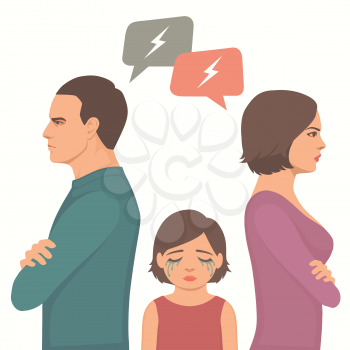 angry couple fight, parents divorce, sad child crying, family vector illustration