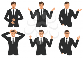  vector illustration of a man character expressions with hands gesture, cartoon businessman wit different emotion 