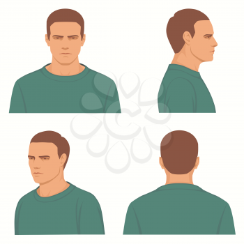  vector man hairstyle ,front, side, profile view of head character