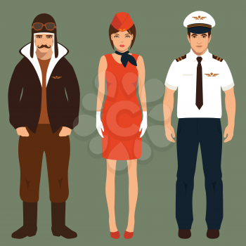 pilot and stewardess, airplane people, cartoon vector illustration 