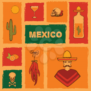 mexico background, vector mexican icons, cactus, tequila illustration