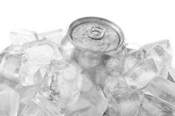 Can of beer in ice on white background�
