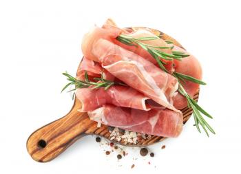 Wooden board with prosciutto on white background�