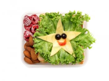 Creative appetizing sandwich in lunch box on white background 