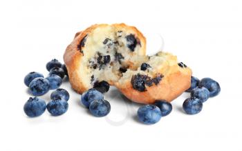 Tasty blueberry muffin on white background�