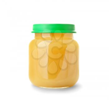 Glass jar with healthy baby food on white background�