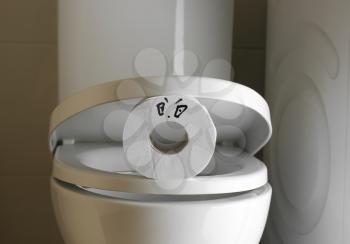 Funny soft paper on toilet bowl in restroom�