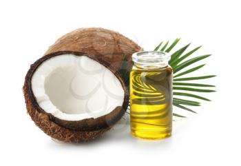 Coconut oil for hair care on white background�