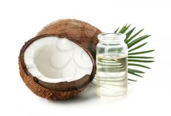 Coconut oil for hair care on white background�