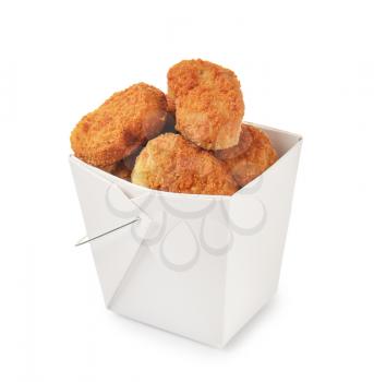 Tasty nuggets in paper box on white background�
