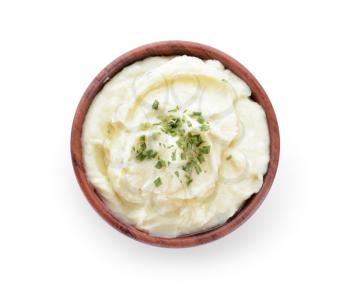 Bowl with tasty mashed potato on white background�