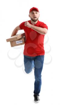 Running delivery man with boxes on white background�