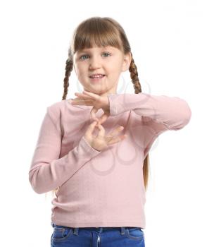 Cute deaf mute girl using sign language on white background�