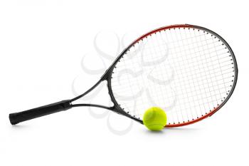 Tennis racket and ball on white background�