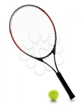 Tennis racket and ball on white background�