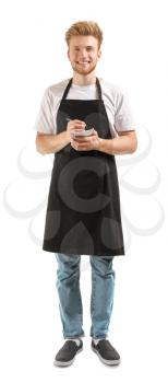Handsome waiter with notebook on white background�