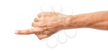 Male hand pointing at something on white background�