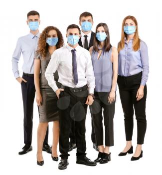 Business people with protective masks on white background. Concept of epidemic�