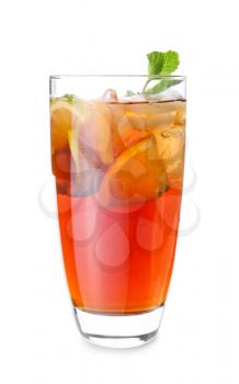 Glass of tasty cold ice tea on white background�