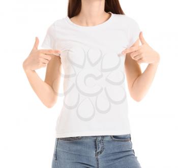 Woman in stylish t-shirt on white background�