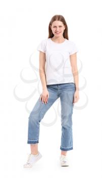 Young woman in stylish t-shirt on white background�