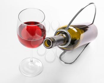 Holder with bottle and glass of wine on white background�