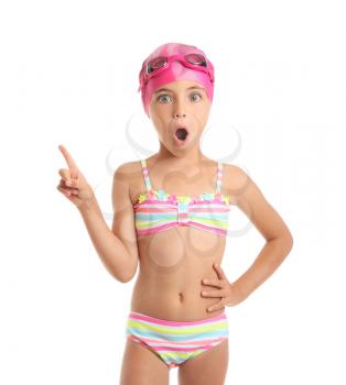 Surprised little girl in swimsuit on white background�